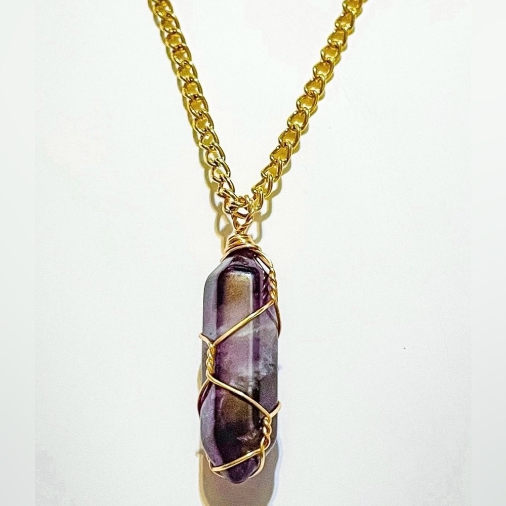 Gold Wire Wrapped Amethyst Gemstone Necklace